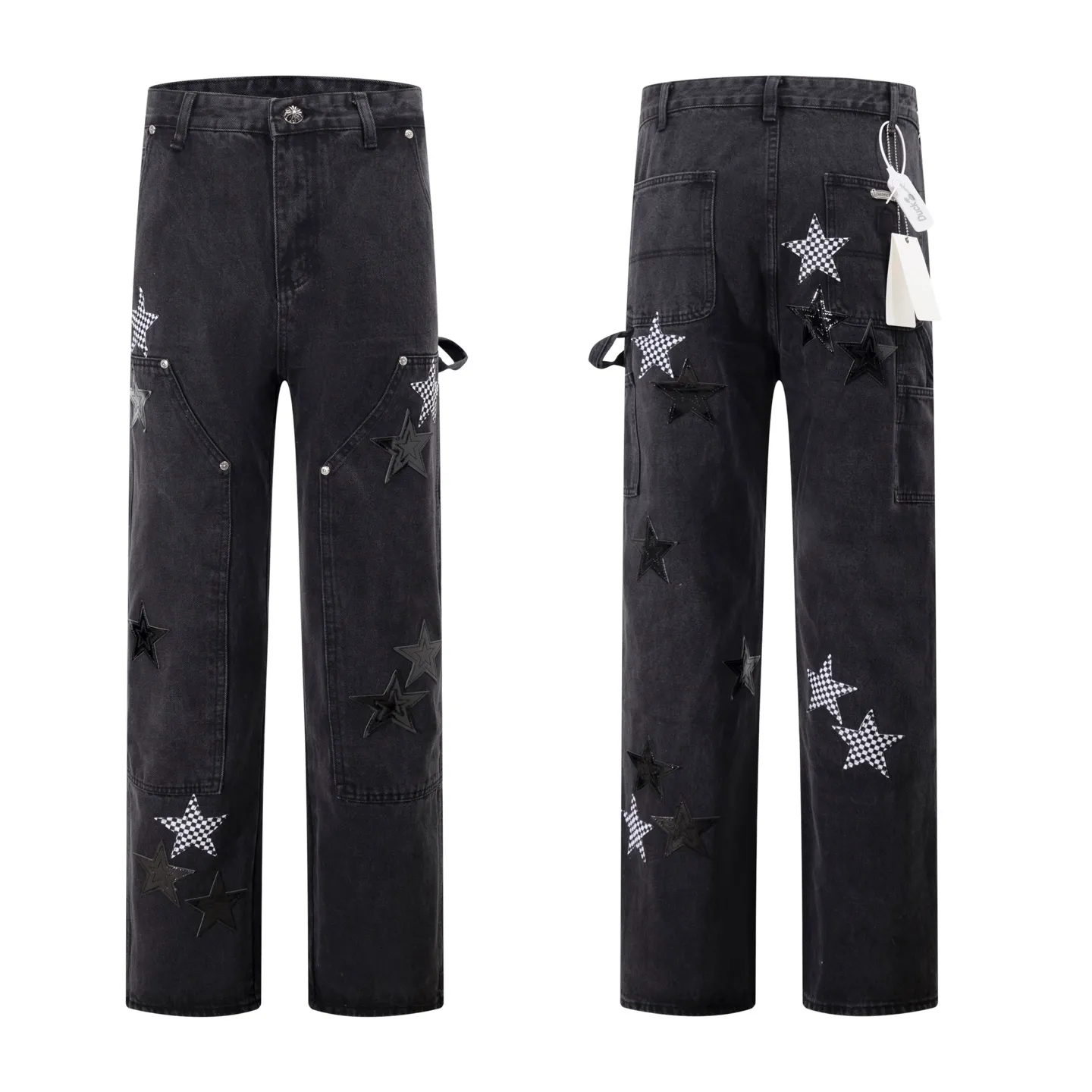 P260 Style number: H44 Croxin & 𝐂𝐡𝐫𝐨𝐦𝐞 𝐇𝐞𝐚𝐫𝐭 ss25 black mosaic star pattern leather denim workwear logging pants. Styles with different washed textures are very friendly to people with thin legs. The slightly flared version perfectly modifies the leg shape. The timeless and moderate length makes it easy to match and match. It is the basis for various styles and is a must-have in your wardrobe! The fabric is stiff but also makes the upper body soft without losing texture. The washing process is even more perfect. It is a must-have item for everyone! ! ! Washed wheat, hang tag, pants label, three labels complete Color: black Size: 30-32-34-36
